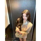 French Temperament Long-Sleeved Coat With High-Necked Bottom Vest Pink Half-Dress Skirt Set