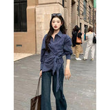 French Temperament To Collect Blue Striped Shirt Women Spring And Autumn Small Design Slim Slim Long Sleeve Top