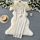 Small Fragrant High-Sense Metal Buckle Repair Short Long-Sleeved Knitting Top Female High-Waisted Hip Skirt Two