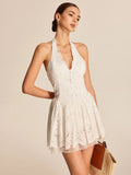 2025 New Women's White Lace Dress French Sleeveless Hanging Neck V-Neck Dress