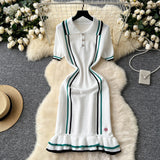 Little Scented Knitted Dress Woman's New French Retro Collar Bump Color Waist Thin Leaf Side Sweater Skirt