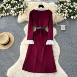 High-Grade Small Fragrant Style Trendy Collar Long Sleeve Metal Double Buckle Waist Thin Temperament Knitted Dress