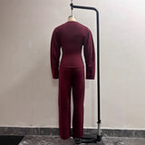 Multi-Color Double-Sided Cloth Body Round-Neck Long-Sleeved Head-Dressed Tight High-Waisted Straight Trousers Casual Suit Woman