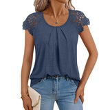 2025 Summer Women's New Women's Lace Sleeve Top Short-Sleeved Round-Neck Loose T-Shirt