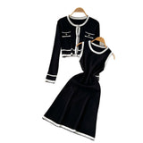 Small Fragrant Style High-End Set Of Women's Autumn Fashion Crash Round-Neck Long-Sleeved Knitted Shirt Sleeveless Vest Skirt