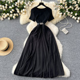 French Summer Senior Round-Neck Short-Sleeved Dress, Tie, Waist Splicing, Elegant Large Hem Length