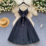 Light Luxury Thousand Gold Wind High-End Sling Dress Women's Summer Folding Waist Thin Design Geese Temperament Dress