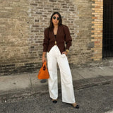 Women's Clothing 2025 New Street Fashion Two-Color Long-Sleeved Knitted Sweater Cardigan