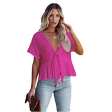 2025 Summer New Women's Pure Color Splicing Loose Short-Sleeved Strap Lotus Edge Top