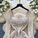 French High-End Heavy Industry Nail Drill Three-Dimensional Flower Square Collar Horn Sleeves To Close The Waist Hollow Lace Dress 20