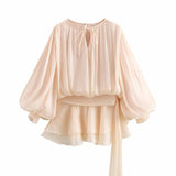 Three-Color Bubble Sleeve Lotus Side Wrinkle Skirt 2025 Spring And Summer Lace With Round Tie Waist Mini Dress