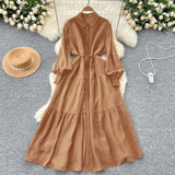 Vintage Fashion Casual Long-Sleeved Shirt Dress Women Loose Tidive With Long Skirt 0515