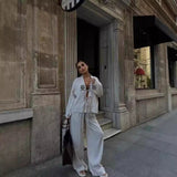 Spring And Summer Women's Solid Color Tie Shirt Broad Leg Trousers Set Casual Two Sets