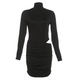 Fashion 2025 Autumn And Winter New Women's Pure Color Sexy Tight Height Collar Ass Hollow Dress Woman