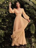 Evening Dress New Long-Sleeved Chiffon Sexy Temperament Deep V Side Button Bridesmaid Dress