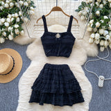 Sweet Dress With Women's Summer Chic Gentle Wind Tie Sling Sling Small Vest + High Waist Folded Lotus Side Half Skirt