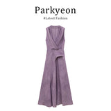French Temperament Lightly Ripe Purple V Neck Dress With Thin Neck Dress Women Summer Sleeveless A Word Slings Long Skirt