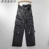 Vibe High Street Multi-Pocket Black Work Clothes Jeans Women 2025 New High-Waisted Loose Broad-Legged Trousers