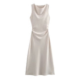 Spring 2025 New Fashion Round-Neck Sleeveless Black Silk-Sense Tidling Dress Woman