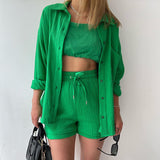 2025 Women's Wrinkle Collar Long-Sleeved Shirt High-Waisted Rope Shorts Fashion Casual Two-Piece Set