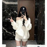Autumn And Winter New Lazy Wind Soft Knitted Sweater Women High Waist Thin Leisure Shorts Two Sets