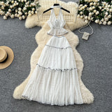Pure-Want Holiday Suit Female Summer Sexy Hanging Neck V Neck Bare Back Chiffon Top High Waist Half Skirt Suit