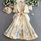 Court-Style Retro-Print Collar Bubble-Sleeved Dress Women's Summer Straps To The Waists To Show A Thin Swollen Dress