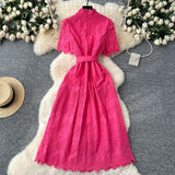 Noble Lady Dress 2025 Summer Waists Slim Collar Short-Sleeved Hollow Hook Embroidery Single Row Buckle Dress