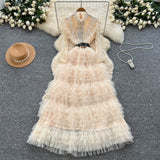 French Light Luxury Famous æÂ Heavy Industry Embroidery Embroidery To Close The Waist Net Velvet Pong Pong Dress Female Thin Temperament Elegant Dress