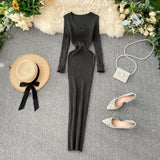 Dress Women's Autumn And Winter 2025 New Korean Version Of Simple Solid Color Long Sleeves Tight Waist Thin Knit Long Dress