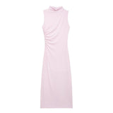 Women's Clothing 2025 Spring New Sleeveless Wrinkles Decorated Semi-High Collar Net Fan Flute Dress