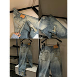 Vintage Blue Hole Wide Leg Jeans Women's Spring 2025 New Design Feeling Loose Straight Trousers