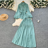 Extremely Simple Style Solid Temperament Suit Women's Spring Bubble Sleeve Strap Shirt + Tight Waist Slim Half Body Long Skirt