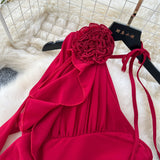 Holiday Style Dress Summer New Three-Dimensional Flowers Twilled Shoulderless Sleeveless Waist-Sloping Long Dress