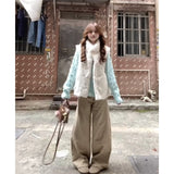 French Daily Commute Relaxation Green Knitted Jersey Folded Vest Coat Wide Leg Trousers Set