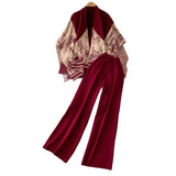 High-End Temperament Bottom Half-High Collar Sweater + Printed Knitted Shawl Jacket + High Waist Lanky Trousers Three-Piece Set