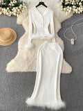 French High-End Small Fragrant Style Two Sets Of Women's Atmosphere Knitted Open Fork Shirt T-Shirt