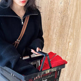 Design Sense Half-High Collar Zipper Red Knitted Shirt Women's Short Autumn And Winter New High-Waist Sweater Loose Thick Coat