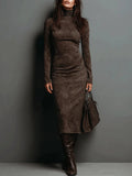 New Retro High-Necked Dress In Autumn 2025 Solid Color With Low-Sleeved Dress