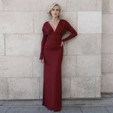 Autumn 2025 New Women's Fashion Temperament Sexy Tight Wrinkles V Collar High-Waist Long Sleeve Dress