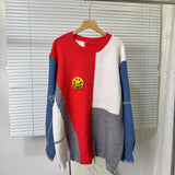Autumn And Winter Cowboy Sleeve Splicing Bumpy Smiley Face Loose-Fitting Sweater Round Collar Knitted Bottoming Shirt Woman
