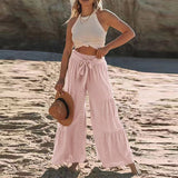 Women's Fashion Temperament Strap Spliced High-Waisted Folds Broad Leggings Casual Loose Trousers