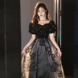 Black Glid Evening Dress Light Luxury Small Chinese Feng Shui Ink Painting Annual Dress Birthday Host Performance Dress Dress