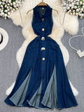 Thirteen Lines Of New Retro Clips Hollow Luthed Waists Thin Sleeveless Single Buckle A Word Open Fork Denim Dress