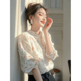 Spring 2025 New Light Luxury High-End White Printed Shirt Super Good-Looking Beautiful French Long-Sleeved Top