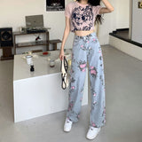 Spring And Autumn Sweet And Spicy Girl Rose Print Jeans Women Design High Waist Straight Trousers Hanging Broad Leg Trousers