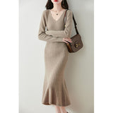 V-Necked Cashmeat Dress Women's Autumn And Winter New Set Long Sleeves Leisure Long A Dress Wool Knitted Long Dress