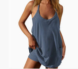 2025 Summer Solid Sleeveless Dress Fine Shoulder Strap Vest Skirt Sports Skirt Pocket