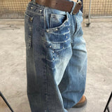 Vintage Rivet Low-Rise Straight Jeans Babes High Street Niche Design Couple Make Old Fried Street Trousers