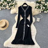 High-Level Small-Sized Famous Woman Hit The Color V-Neck Long Sleeve Single Buckle Waist Knitted Dress Women With Fish Tail